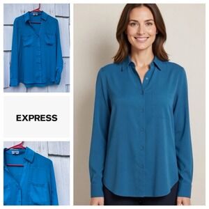 Express The Portofino Shirt Womens Medium Teal Blue Roll Tab Button Up Blouse